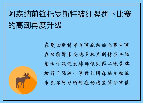 阿森纳前锋托罗斯特被红牌罚下比赛的高潮再度升级